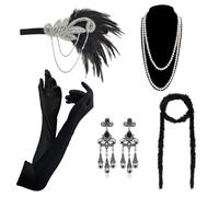 DRESHOW 1920s Accessori Flapper Anni 20s Gatsby Costume Set Orecchini Collana Fascia Guanti Estensibile Set Flapper per Festa Ballo