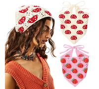 DRESHOW 2 Pezzi Bandana Capelli All'uncinetto Vintage Annodato Foulard Stampa Fragola Fascia Testa lavorato a Maglia per Donna&ragazze