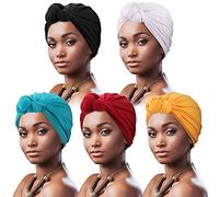 DRESHOW 5 Pezzi Donna Africana Turbante Sciarpa Avvolge Testa Boho Turbante Elastico Annodato Berretto Pre-annodato Berretto Chemio Cappello