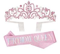 DRESHOW Corona e Fusciacca di Compleanno per Donna Fascia da Regina del Compleanno e Diadema di Strass Set di Diademi e Fusciacche per Ragazze Decorazioni per Capelli Accessori Scintillanti per Festa