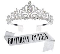 DRESHOW Corona e Fusciacca di Compleanno per Donna Fascia da Regina del Compleanno e Diadema di Strass Set di Diademi e Fusciacche per Ragazze Decorazioni per Capelli Accessori Scintillanti per Festa