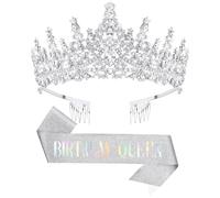 DRESHOW Corona e Fusciacca di Compleanno per Donna Fascia da Regina del Compleanno e Diadema di Strass Set di Diademi e Fusciacche per Ragazze Decorazioni per Capelli Accessori Scintillanti per Festa