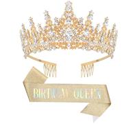 DRESHOW Corona e Fusciacca di Compleanno per Donna Fascia da Regina del Compleanno e Diadema di Strass Set di Diademi e Fusciacche per Ragazze Decorazioni per Capelli Accessori Scintillanti per Festa