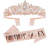 DRESHOW Corona e Fusciacca di Compleanno per Donna Fascia da Regina del Compleanno e Diadema di Strass Set di Diademi e Fusciacche per Ragazze Decorazioni per Capelli Accessori Scintillanti per Festa