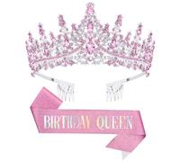 DRESHOW Corona e Fusciacca di Compleanno per Donna Fascia da Regina del Compleanno e Diadema di Strass Set di Diademi e Fusciacche per Ragazze Decorazioni per Capelli Accessori Scintillanti per Festa