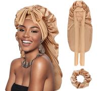 DRESHOW Cuffia Lunga con Treccia di Raso per Donna Cuffia di Seta per Dormire Cuffia per Dormire con Fascia Elastica Cuffia da Notte per Capelli Ricci Lunghi Locs
