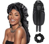 DRESHOW Cuffia Lunga con Treccia di Raso per Donna Cuffia di Seta per Dormire Cuffia per Dormire con Fascia Elastica Cuffia da Notte per Capelli Ricci Lunghi Locs