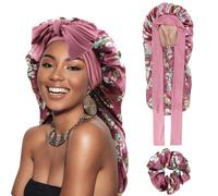DRESHOW Cuffia Lunga con Treccia di Raso per Donna Cuffia di Seta per Dormire Cuffia per Dormire con Fascia Elastica Cuffia da Notte per Capelli Ricci Lunghi Locs