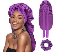 DRESHOW Cuffia Lunga con Treccia di Raso per Donna Cuffia di Seta per Dormire Cuffia per Dormire con Fascia Elastica Cuffia da Notte per Capelli Ricci Lunghi Locs