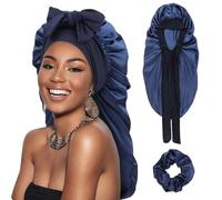 DRESHOW Cuffia Lunga con Treccia di Raso per Donna Cuffia di Seta per Dormire Cuffia per Dormire con Fascia Elastica Cuffia da Notte per Capelli Ricci Lunghi Locs