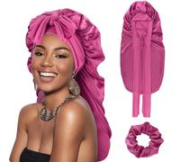 DRESHOW Cuffia Lunga con Treccia di Raso per Donna Cuffia di Seta per Dormire Cuffia per Dormire con Fascia Elastica Cuffia da Notte per Capelli Ricci Lunghi Locs