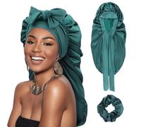 DRESHOW Cuffia Lunga con Treccia di Raso per Donna Cuffia di Seta per Dormire Cuffia per Dormire con Fascia Elastica Cuffia da Notte per Capelli Ricci Lunghi Locs