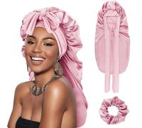 DRESHOW Cuffia Lunga con Treccia di Raso per Donna Cuffia di Seta per Dormire Cuffia per Dormire con Fascia Elastica Cuffia da Notte per Capelli Ricci Lunghi Locs