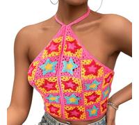 DRESHOW Donna Sexy Canotta Maglia Senza Schiena Top Tagliare Fuori Rete Camicetta Estate Boho Senza Maniche Camicetta All'uncinetto Spiaggia Bikini