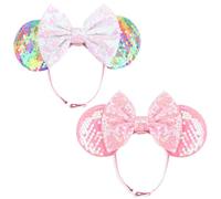 DRESHOW Minnie Orecchie Cerchietti Topo Orecchie Paillettes Fiocco Cerchietti Elastica Regolabile Fascia Glitterata Festa Decorazione Costume Cosplay per le Donna