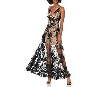Dress the Population Embellished Plunging Gown Sleeveless Floral Long Dress Vestito, Nero/Nudo Sidney, XL Donna