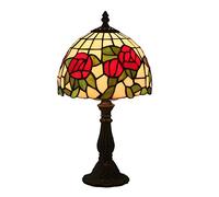 Dresser Table Lamp, Retro Bedroom Wedding Room Bedside Desk Lamp, 8 inch Stained Glass Red Rose Lamp Shade, Antique Metal Base,Lover Gifts
