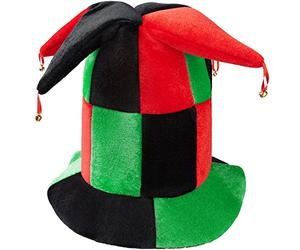 dressforfun 302062 Grande Cappello da Giullare con Campanelli, Berretto da Giullare con Spicchi Verdi, Rossi e Neri, Quattro Corna con Campanelli Dorati sulla Punta