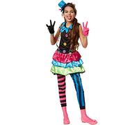 dressforfun 900336 - Costume da Bambina Clown Crazy New Wave, eccentrico Abito intero a Tinte forti in Jersey elasticizzato, incl. Cappellino e Guanti (152 | Nr. 301664)