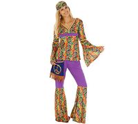 dressforfun Costume da Donna - Hippie | Parte Superiore con Maniche Svasate e Pantaloni con Spacco | incl. Una Piccola Borsa a Tracolla (XXL | No. 300946)