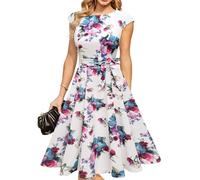 DRESSTELLS Abito da tè Vintage da Donna, Abito da Damigella d'Onore Modesto per Matrimonio, Abiti da Lavoro Floreali Casual, Abiti da Cocktail Party Anni '50, Abito da Ballo in Forma Fiore Bianco 2XL