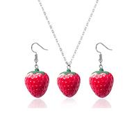 Dreuyet 3D frutta rossa fragola collana orecchino set per le donne dolce frutta fascino orecchini collana carino cibo frutta fragola orecchini pendenti, Metallo, sconosciuto