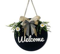 Dricar Targhetta rotonda per porta, 30 x 30 cm, in legno, per porta di casa, con scritta "Welcome/Hello", da appendere, vintage, da parete, decorazione da parete per il giardino (nastro blu scuro)