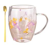 Dried Flower Insulated Glass Coffee Mug,350ml Double Wall Clear Tea Cup,Creative Heat Resistant Non-Slip Cups with Ergonomic Handle for Tea,Family Use,Friends Gift,Home or Office (Pink Yellow)