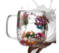 Dried Flowers Glass Coffee Mug - Double Walled Glass Mugs | Dried Flower Coffee Gllass Mug | Glâss Beverage Glasses Tea Mûg for Tea, Cappuccino, Cold Drink | Double Walled Coffêe Glâss Mugs Têa Cup