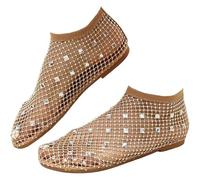 DRIMEE Carpe Basse Traforate Ballerine con Strass Casual Donna Estive Hollow Mesh Strass Sandali Ciabatte Mare Piatto Sandali da Spiaggia Leggero Mesh Calze Slip On,Gold 1,US4.5/EU35