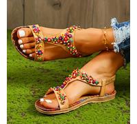 DRIMEE Sandali Donna Bassi Eleganti Perline Ciabatte Donna Comode Eleganti Boemia Stile Sandali Estivi Donna Basse Infradito Elegante Slip On Sandali Piatti Pantofole Punta Aperta,Marrone,US5/EU36