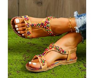 DRIMEE Sandali Donna Bassi Eleganti Perline Ciabatte Donna Comode Eleganti Boemia Stile Sandali Estivi Donna Basse Infradito Elegante Slip On Sandali Piatti Pantofole Punta Aperta,Marrone,US5/EU36