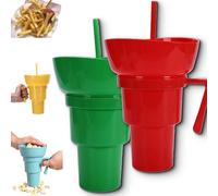 Drink Cup with Snack Bowl, Cup Bowl Combo with Straw Leak Proof, Portable Mug Proof 2-in-1 Cups & Bowls Set with Straw, for Home, Cinema, Travel, Stadium (Green+Red)