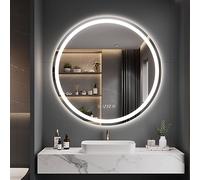 Dripex Rotondo Specchio da bagno con illuminazione 70cm Luce Specchio con Orologio Termometri Anti-Nebbia Led Specchio Bagno con 3 Temperature Colore e Dimmerabile Smart Touch IP44