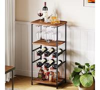 Dripex Scaffale per vino a 5 ripiani autoportante con supporto in vetro e tavolo, portabottiglie per 6 bottiglie, per cucina, bar, cantina, sala da pranzo, 40 x 30 x 80,5 cm, marrone vintage e nero