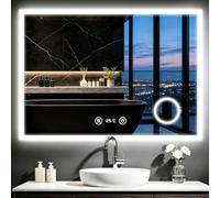 Dripex Specchio da bagno a LED, 80 x 60 cm, con orologio e specchio da trucco