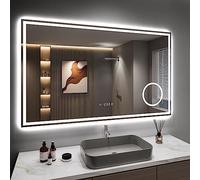 Dripex Specchio da bagno con illuminazione Specchio Led con 3 Temperature Colore e Dimmerabile e Antifog Luce Specchio Bagno con Lente d'ingrandimento 3X /Presa/Orologio (60 x 100 cm)