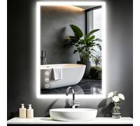 Dripex Specchio da bagno LED 70 x 50 cm con presa elettrica, specchio da parete luminoso a 3 temperature di colore dimmerabile, anti-appannamento, vetro di sicurezza IP44 [classe energetica E]