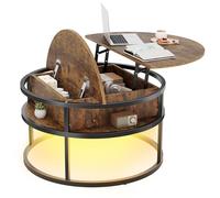 Dripex Tavolino rialzato, 81 cm diametro, altezza regolabile con spazio nascosto, tavolino da salotto rotondo in legno con telaio in metallo robusto, forte carico portante