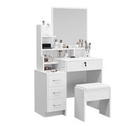 Dripex Tavolo da trucco bianco moderno con specchio e sgabello, 4 cassetti, comodo sgabello 87 x 40 x 144 cm