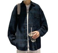 Drivstraw Camicia da uomo a maniche lunghe a quadri vintage casual con risvolto allentato con bottoni, stile urbano giapponese, alla moda, vacanze, feste, uso quotidiano, quattro stagioni, verde, blu