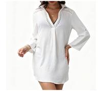 Drivstraw Copricostume lungo da donna, tinta unita, con scollo a V, in pizzo, patchwork, da spiaggia, per vacanze, club, uso quotidiano (S bianco)