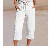 Drivstraw Pantaloni a sette quarti da donna per tutti i giorni con tessuto misto cotone e lino elastico in vita e attività plissettate sul davanti (M bianco)