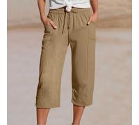 Drivstraw Pantaloni da donna a sette quarti per tutti i giorni con tessuto misto cotone e lino elastico in vita e attività plissettate sul davanti (XXXL kaki)
