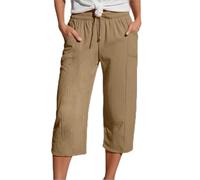 Drivstraw Pantaloni da donna a sette quarti per tutti i giorni con tessuto misto cotone e lino elastico in vita e attività plissettate sul davanti (XXL kaki)