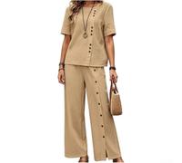 Drivstraw per Set Donna Cotone Lino Scollo Manica Corta Solido per Set | Tessuto misto cotone e lino, traspirante e leggero per il per massimo comfort nelle giornate calde