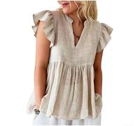 Drivstraw Pullover da donna con scollo a V, a maniche corte, casual, in misto cotone, con pieghe, camicia estiva in tinta unita, per uso quotidiano, stile letterario retrò (Lalbicocca)