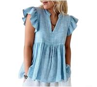 Drivstraw Pullover da donna con scollo a V, a maniche corte, casual, in misto cotone, con pieghe, camicia estiva in tinta unita, per uso quotidiano, stile letterario retrò (M azzurro)
