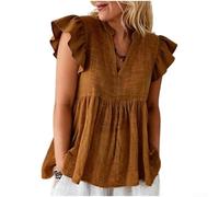 Drivstraw Pullover da donna con scollo a V, a maniche corte, casual, in misto cotone, con pieghe, camicia estiva in tinta unita, per uso quotidiano, stile letterario retrò (L marrone scuro)