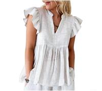 Drivstraw Pullover da donna con scollo a V, a maniche corte, casual, in misto cotone, con pieghe, camicia estiva in tinta unita, per uso quotidiano, stile letterario retrò (S bianco)